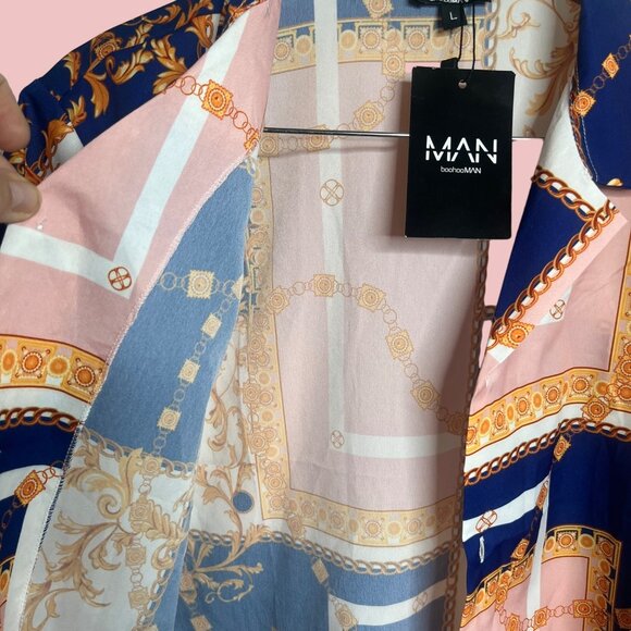 BoohooMAN Mens Large Gold Chain Pattern Button Up Short Sleeve NWT - Picture 5 of 9